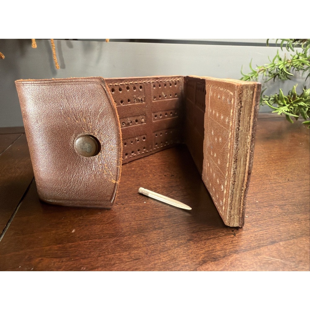 Vintage Antique Mini Hand Tooled Leather Cribbage Board Top Grain Cowhide